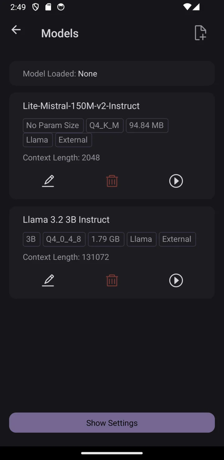 ChatterUI local model list