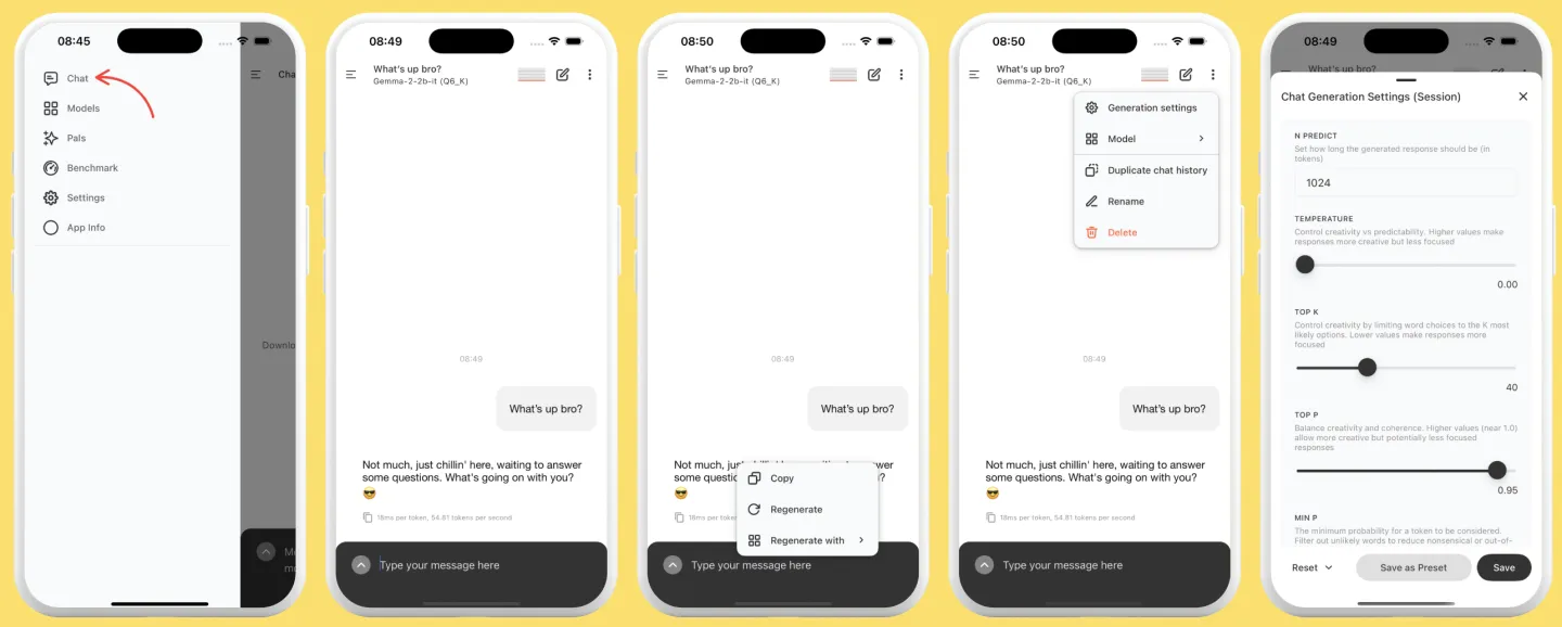 PocketPal AI chat screens on iPhone and Android