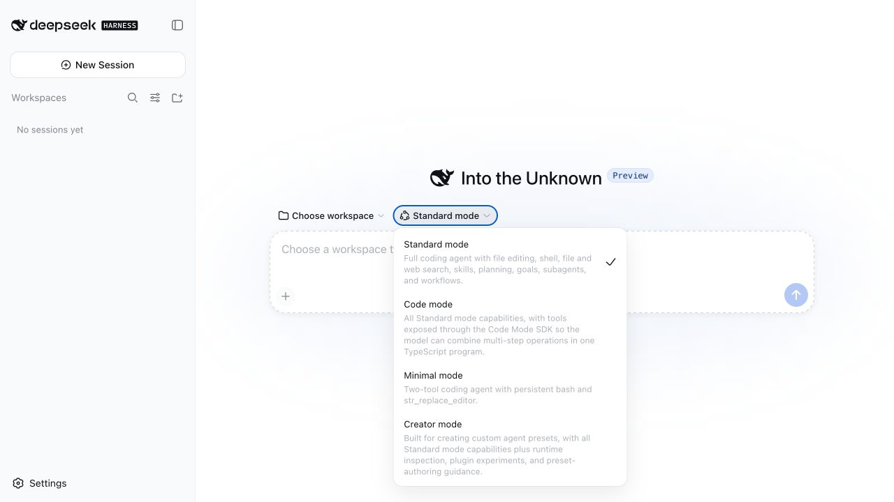 The real DeepSeek Harness home screen with its prompt box and Standard, Code, Minimal, and Creator mode menu open
