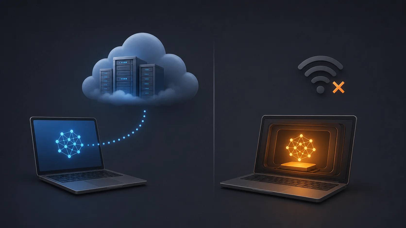 A laptop using remote cloud servers beside a laptop running an AI model locally without Wi-Fi