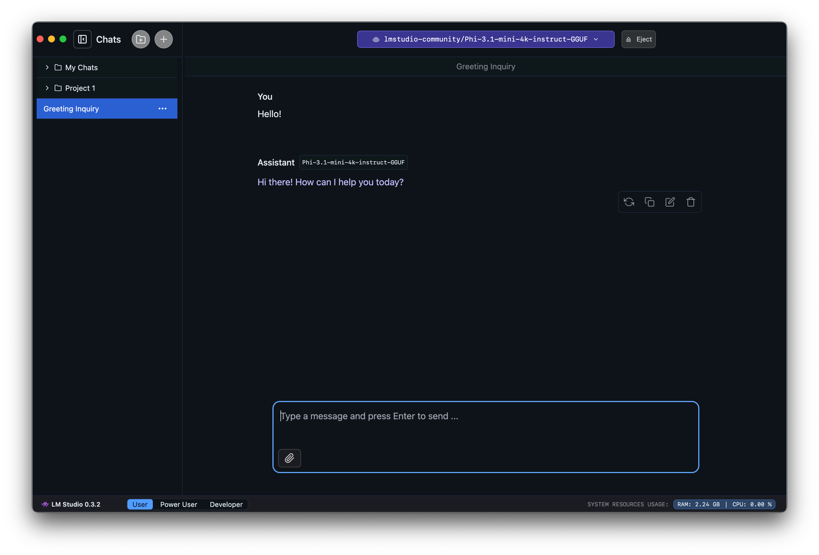 LM Studio official documentation screenshot showing a local model selected in the chat interface