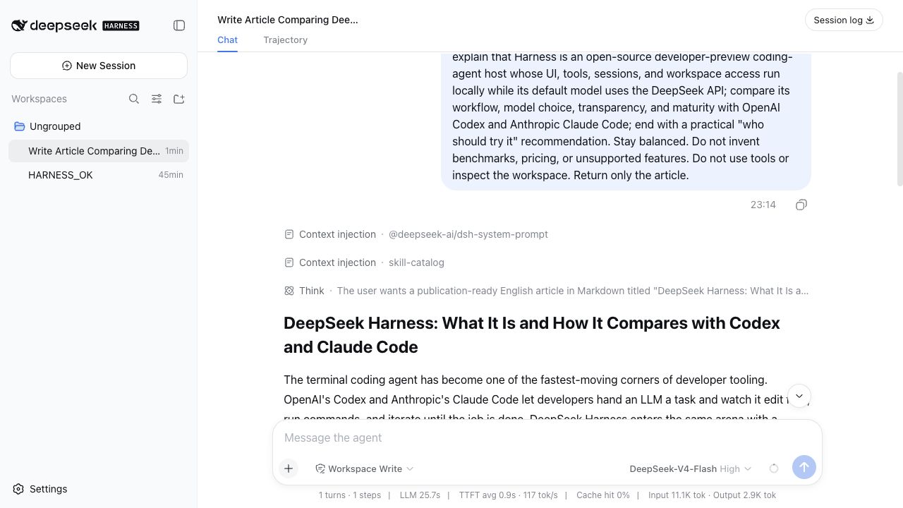 DeepSeek Harness showing a real article comparing Harness with Codex and Claude Code, using DeepSeek V4 Flash with High reasoning