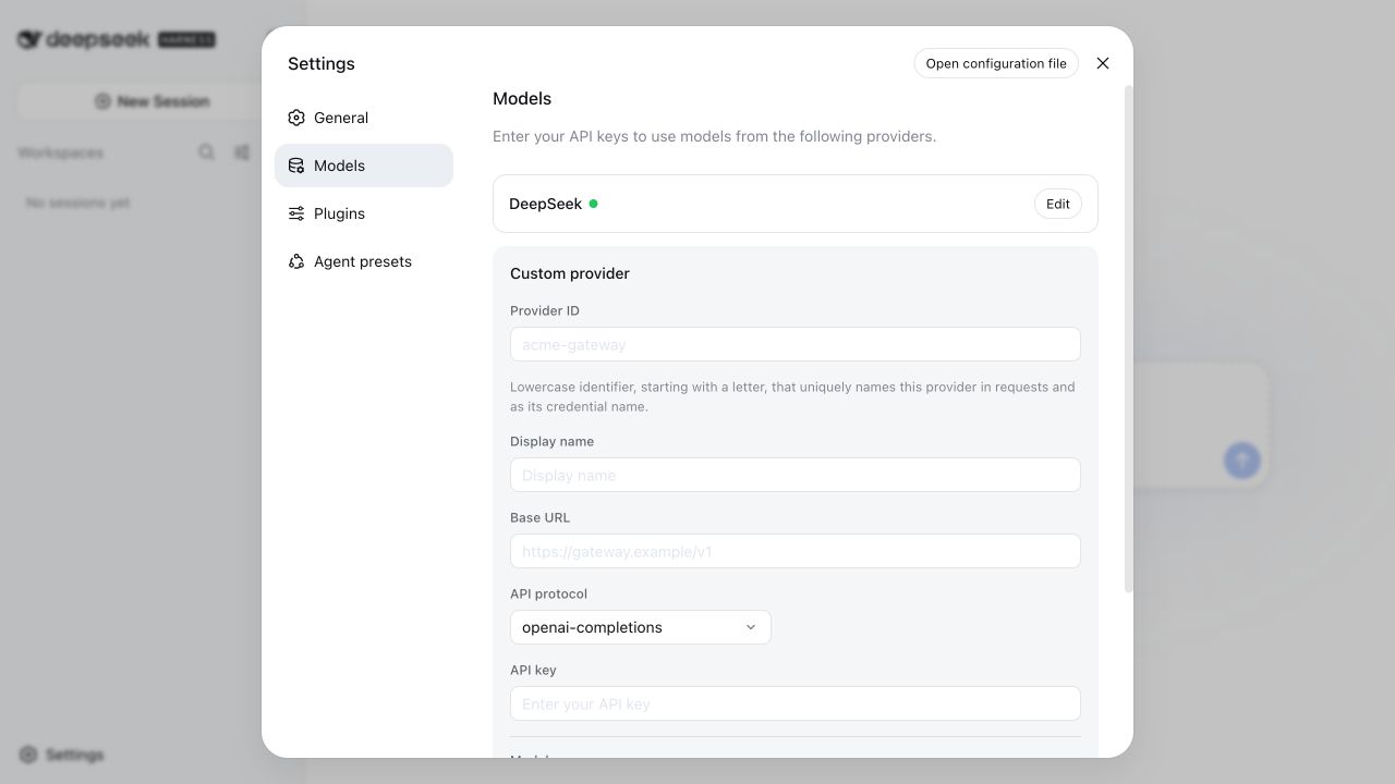 DeepSeek Harness custom model provider form with Base URL and API protocol fields