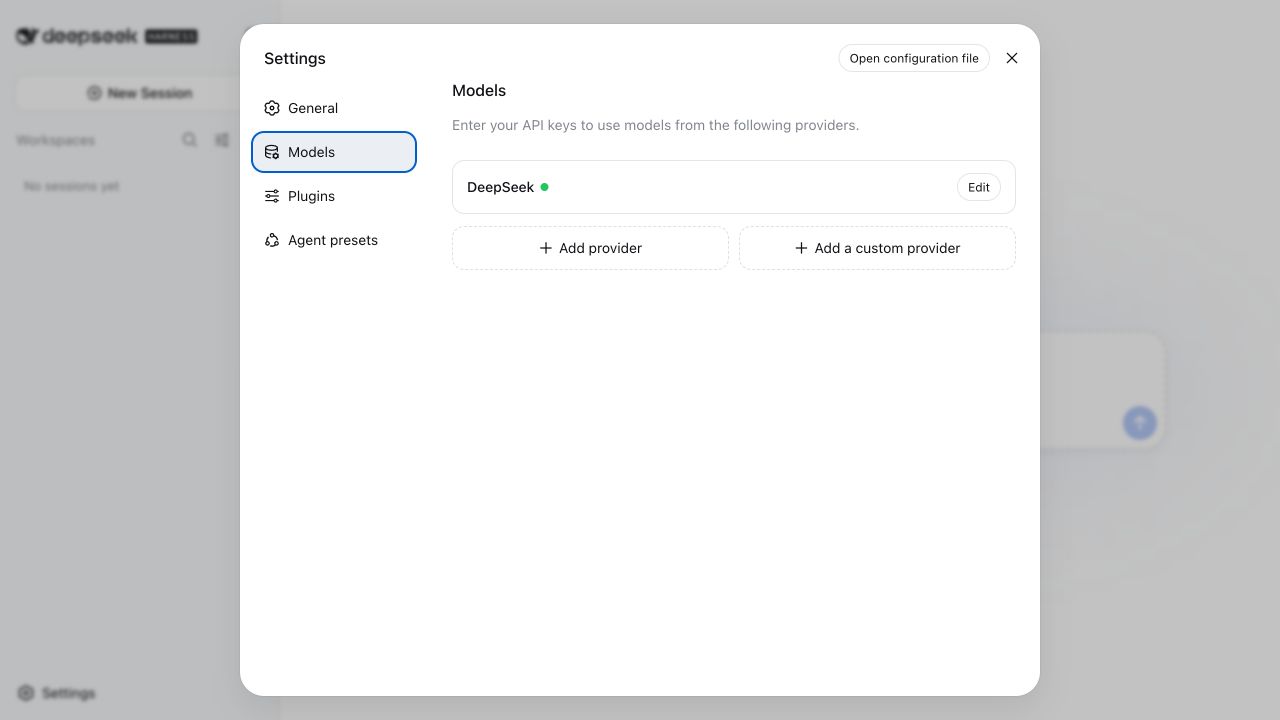 DeepSeek Harness Models settings showing the built-in DeepSeek provider and custom provider button