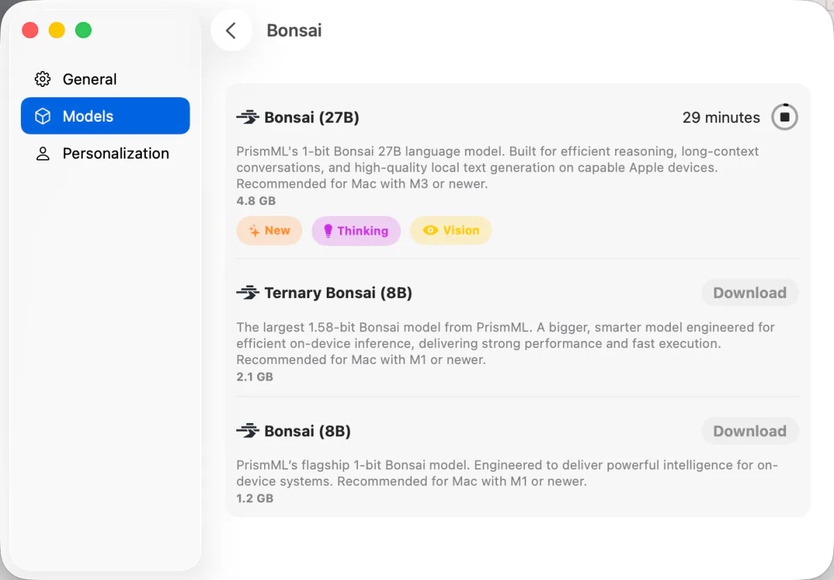 Locally AI Models screen downloading the Bonsai 27B model